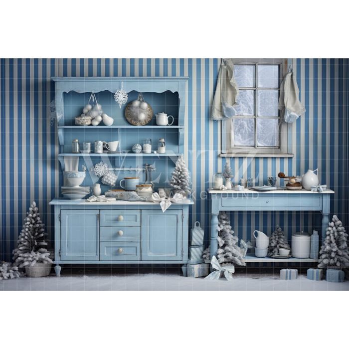 Photography Background in Fabric Blue Christmas Kitchen / Backdrop 4720