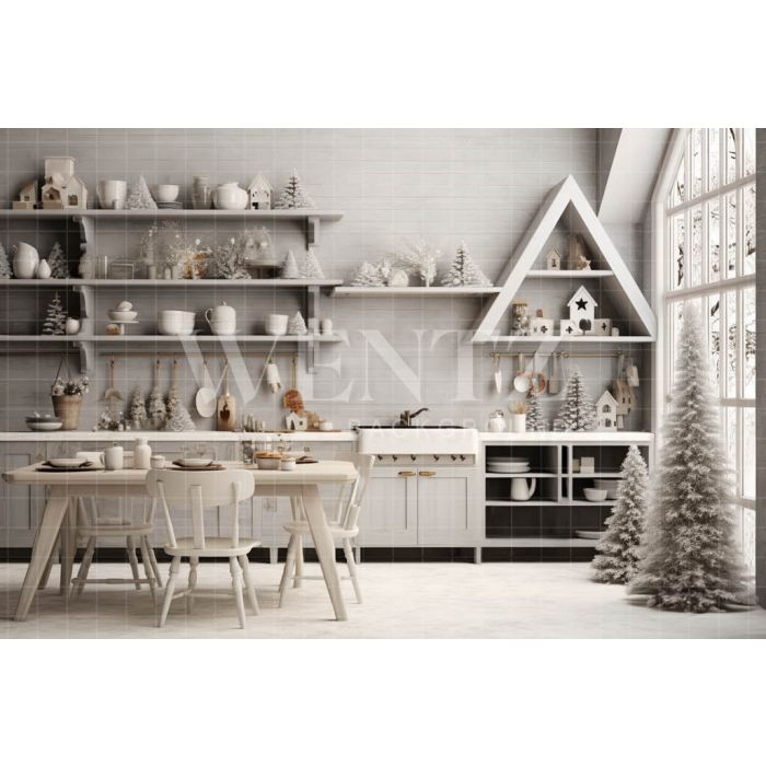 Photography Background in Fabric White Christmas Kitchen / Backdrop 4740