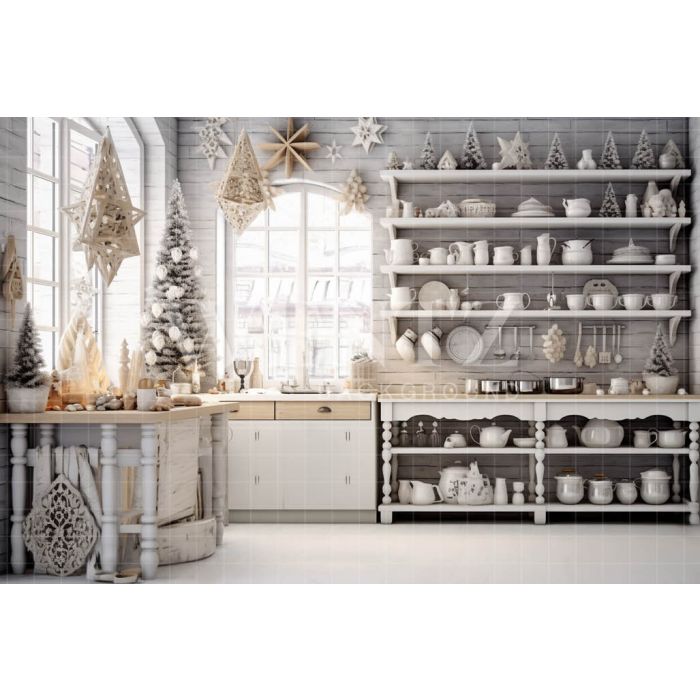 Photography Background in Fabric White Christmas Kitchen / Backdrop 4741