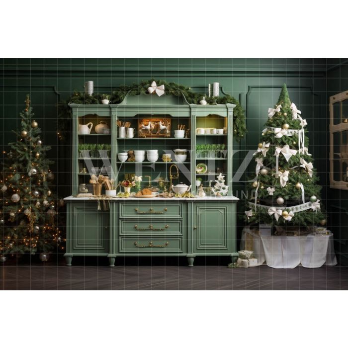 Photography Background in Fabric Green Christmas Kitchen / Backdrop 4749