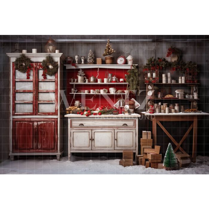 Photography Background in Fabric Vintage Christmas Kitchen / Backdrop 4754