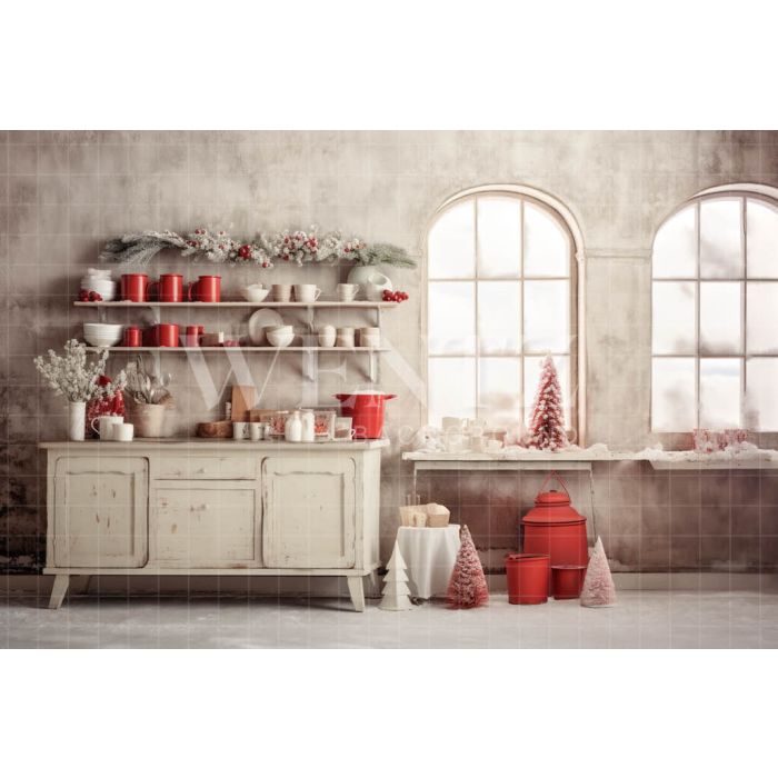 Photography Background in Fabric Vintage Christmas Kitchen / Backdrop 4756