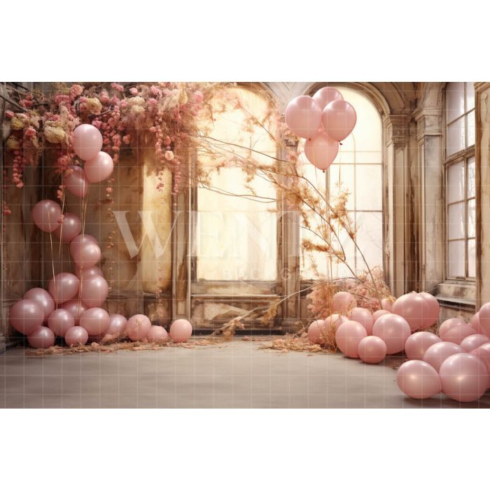 Photography Background in Fabric Room with Pink Balloons / Backdrop 4866