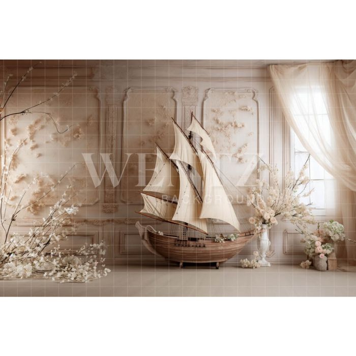 Photography Background in Fabric Ship and Flowers / Backdrop 4874