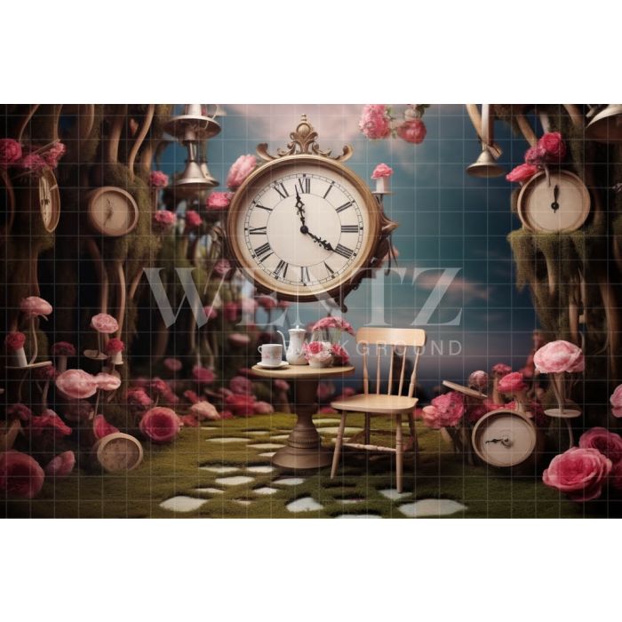Photography Background in Fabric Set with Clock and Flowers / Backdrop 4906