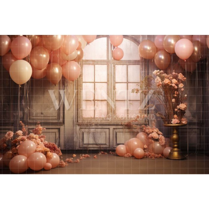 Photographic Background in Fabric Window with Pink Balloons / Backdrop 4918