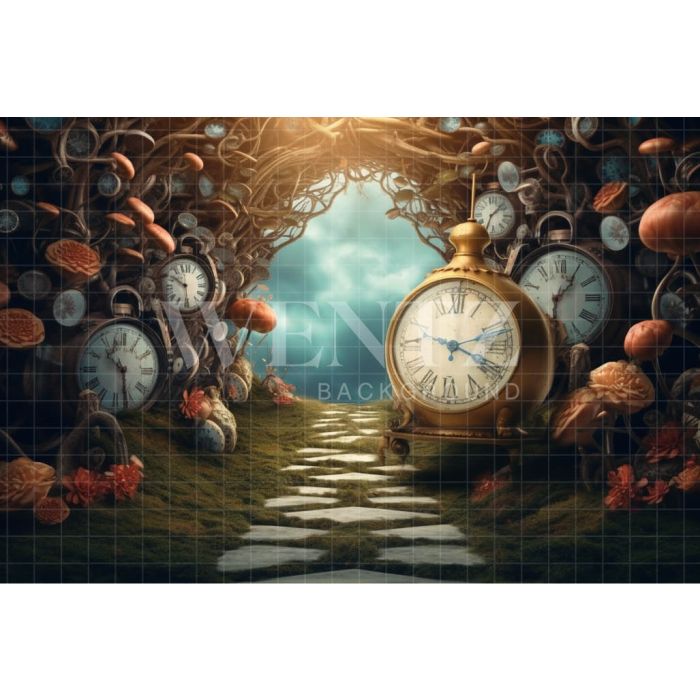Photographic Background in Fabric Scenery Clock with Flowers / Background 4945