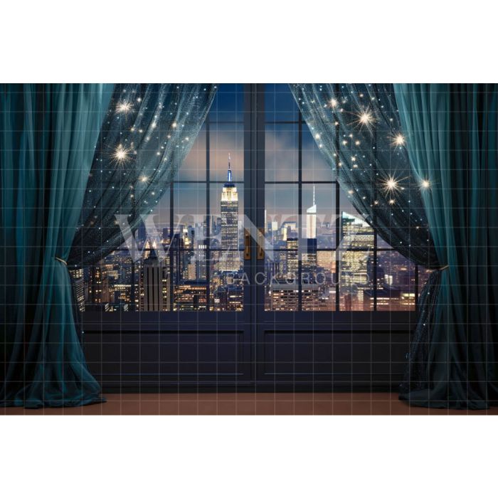 Photographic Background in Fabric Window with Blue Curtain / Backdrop 5001