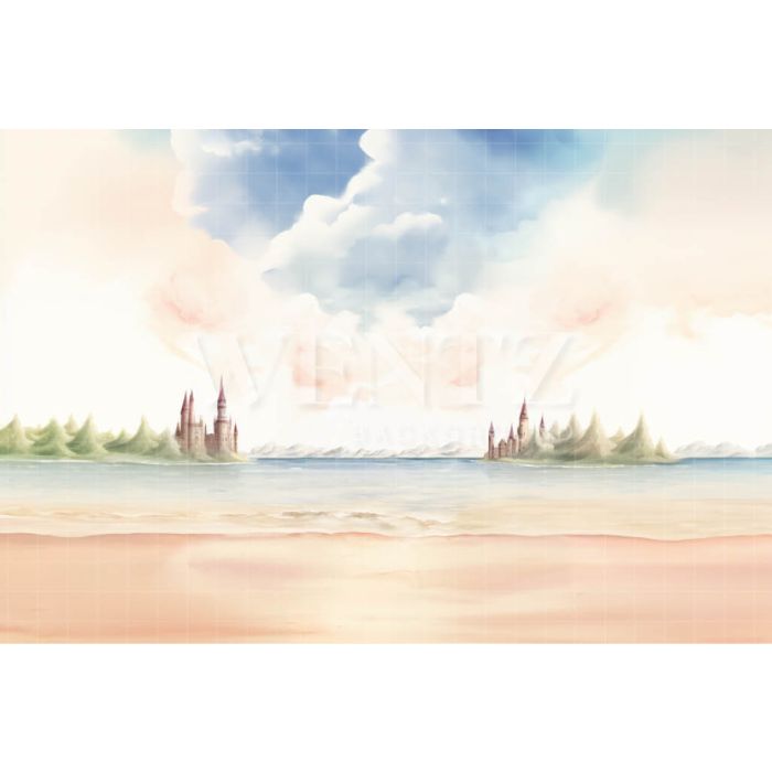 Photographic Background in Fabric Watercolor Beach / Backdrop 5008