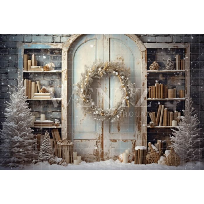 Photographic Background in Fabric Vintage Christmas Front Door / Backdrop 5158