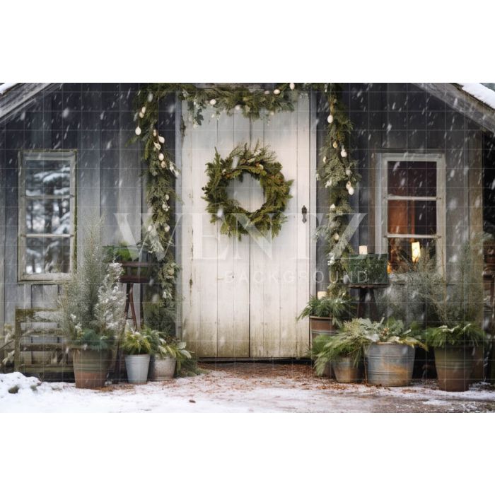 Photographic Background in Fabric Rustic Christmas Front Door / Backdrop 5159