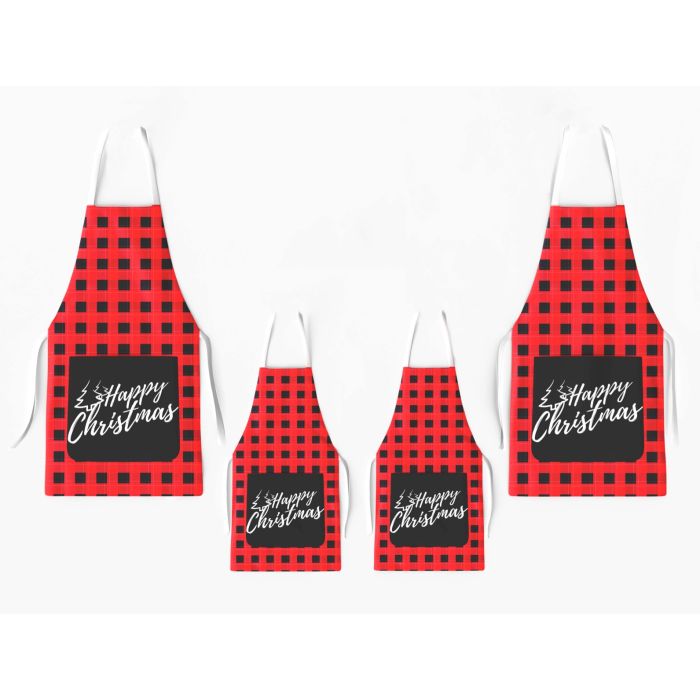 Kit 4 Christmas Family Aprons with Pocket Plaid Black and Red / AW06