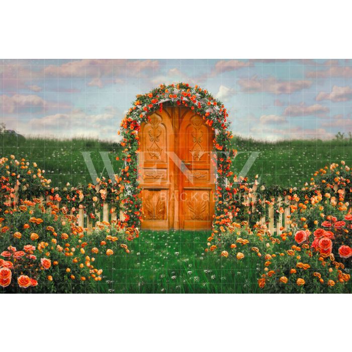 Photography Background in Fabric Garden with Roses and Door / Backdrop CW168
