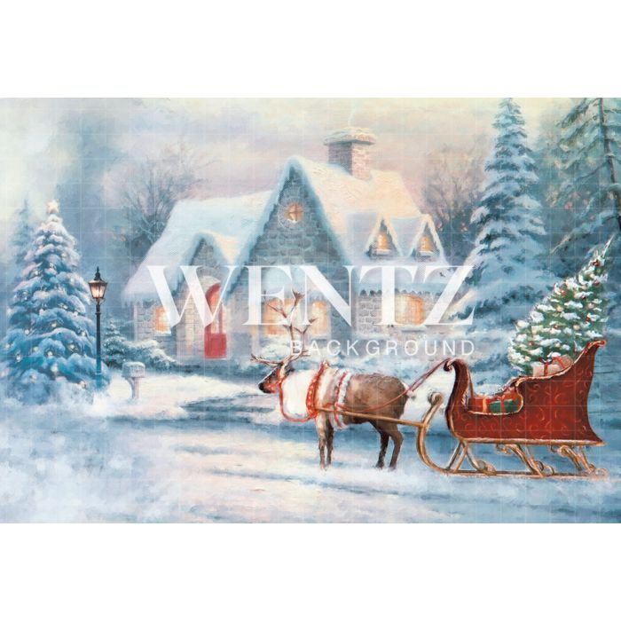 Photographic Background in Fabric Santa Claus House With Sleigh / Backdrop 2313