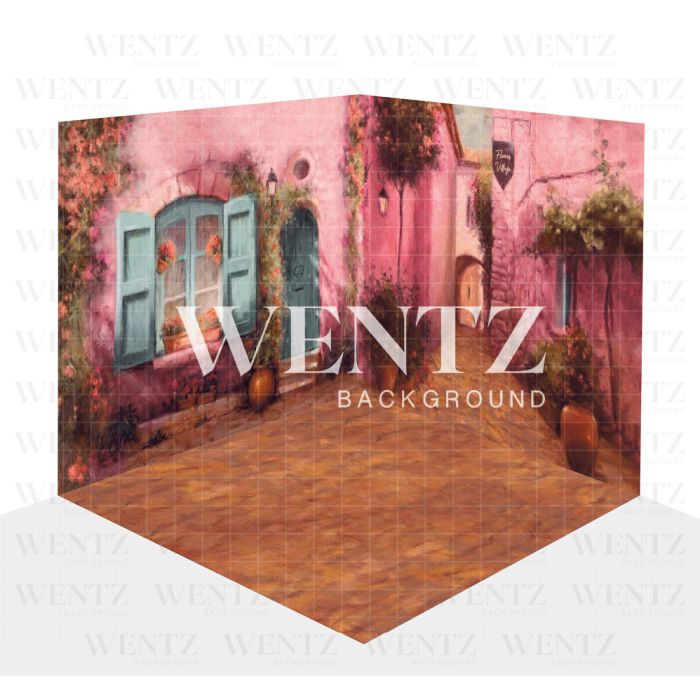 Photography Background in Fabric Pink Flowers Village Scenario 3D / WTZ117