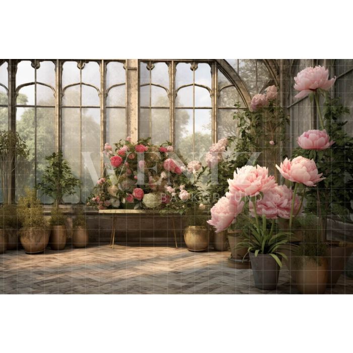Photography Background in Fabric Pink Peonies Greenhouse / Backdrop 3636