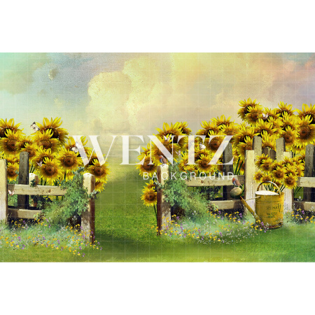 Fabric Photography Background Scenery Grove with Fence and Sunflower / Backdrop 2078