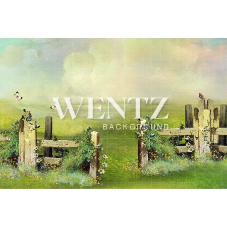 Fabric Photography Background Scenery Grove with Fence and Flowers / Backdrop 2079