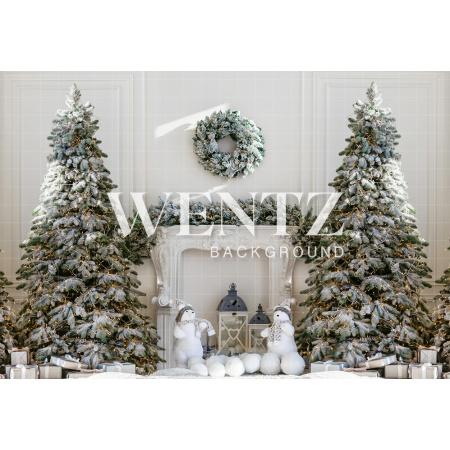 Fabric Photography Background Christmas Fireplace and Pines / Backdrop 2135