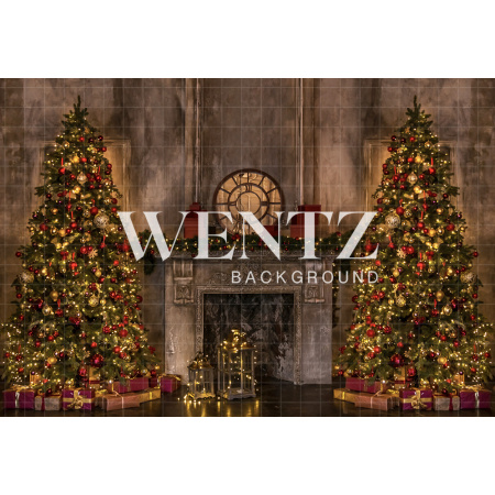 Fabric Photography Background Christmas Fireplace and Pines / Backdrop 2143
