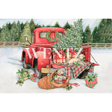 Fabric Photography Background Red Truck Christmas / 2476