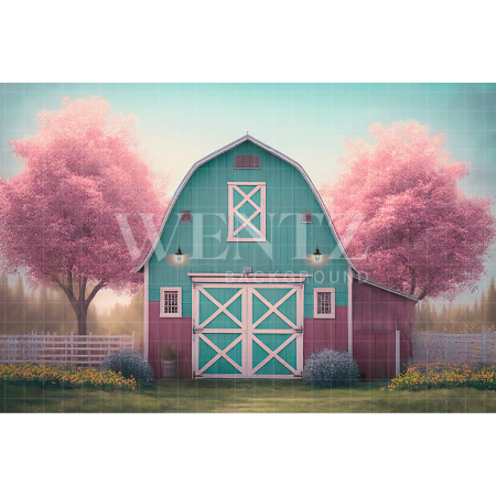 Fabric Photography Background Barn and Cherry Trees / Backdrop 2578