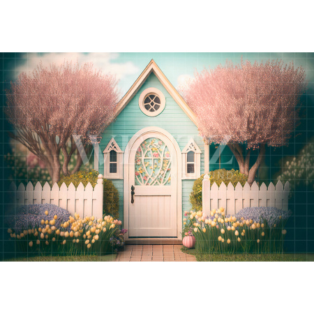 Fabric Photography Background Little House with White Fence / Backdrop 2634