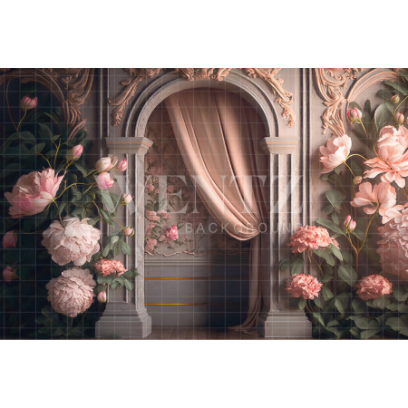 Fabric Photography Background Arch with Pink Curtain and Flowers / Backdrop 2716