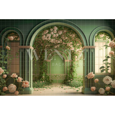 Fabric Photography Background Green Arch with White Roses / Backdrop 2720