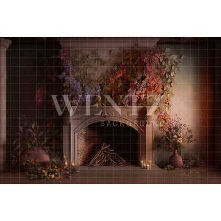 Fabric Photography Background Room with Fireplace and Plants / Backdrop 2724