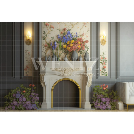 Fabric Photography Background Room with Fireplace and Flowers / Backdrop 2726