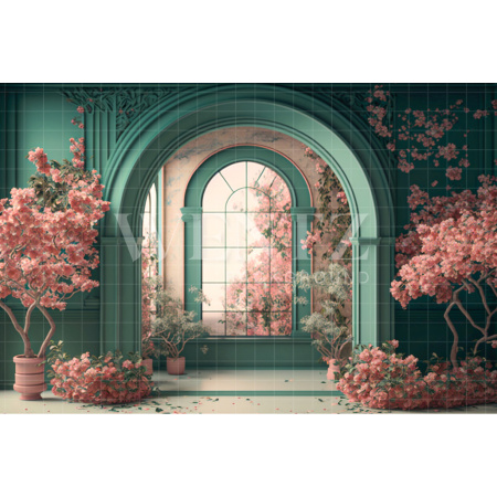 Fabric Photography Background Green Room with Cherry Blossoms / Backdrop 2732