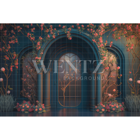 Fabric Photography Background Blue Facade with Flowers / Backdrop 2747