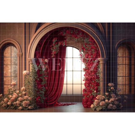Fabric Photography Background Terracotta Arch with Red Curtains / Backdrop 2749