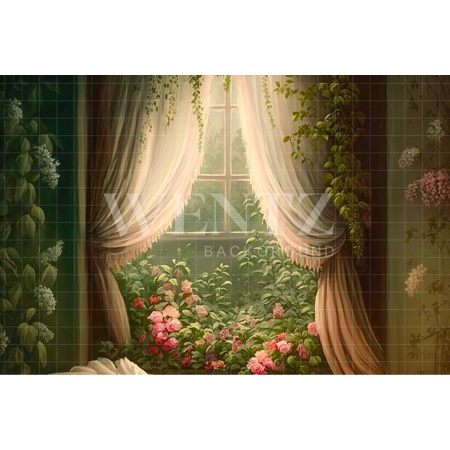 Fabric Photography Background Window with Curtains and Flowers / Backdrop 2763