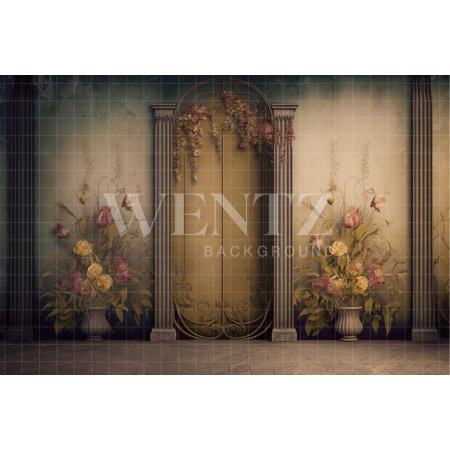 Fabric Photography Background Scenery with Golden Door and Flowers / Backdrop 2811