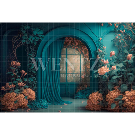 Fabric Photography Background Blue Arch with Flowers / Backdrop 2914