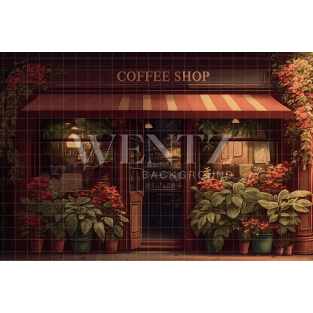Fabric Photography Background Coffee Shop with Flowers / Backdrop 3165