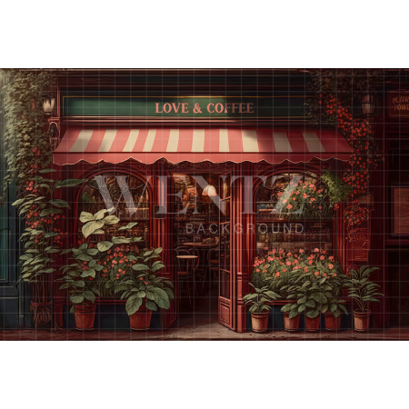 Fabric Photography Background Coffee Shop with Flowers / Backdrop 3167