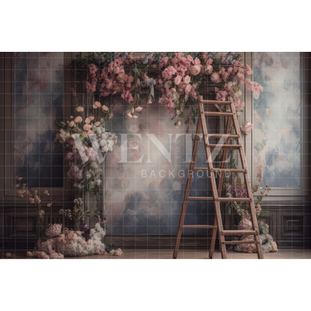 Fabric Photography Background Scenery with Ladder and Flowers / Backdrop 3168