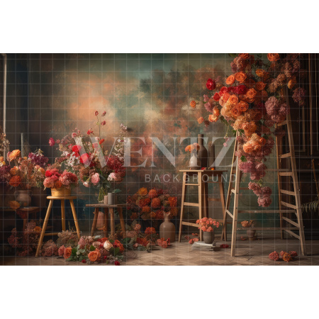 Fabric Photography Background Scenery with Ladder and Flowers / Backdrop 3171