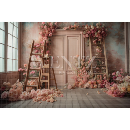 Fabric Photography Background Scenery with Ladder and Flowers / Backdrop 3175