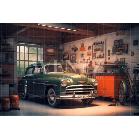Fabric Photography Background Garage with Old Car / Backdrop 3257