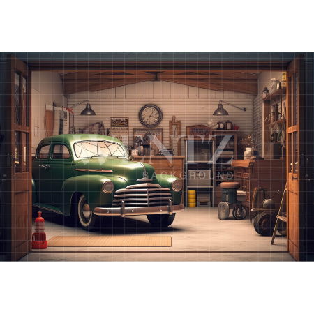 Fabric Photography Background Garage with Old Car / Backdrop 3258