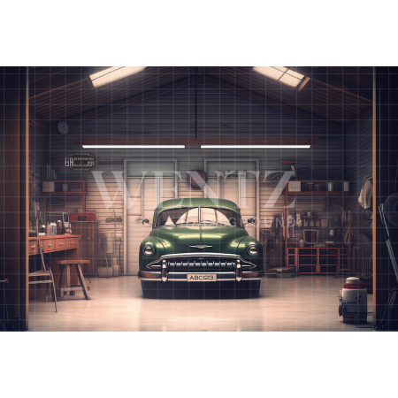 Fabric Photography Background Garage with Old Car / Backdrop 3259