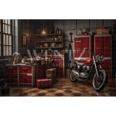 Fabric Photography Background Motorcycle Repair Shop / Backdrop 3329