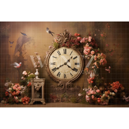 Fabric Photography Background Set with Clock and Flowers / Backdrop 3606