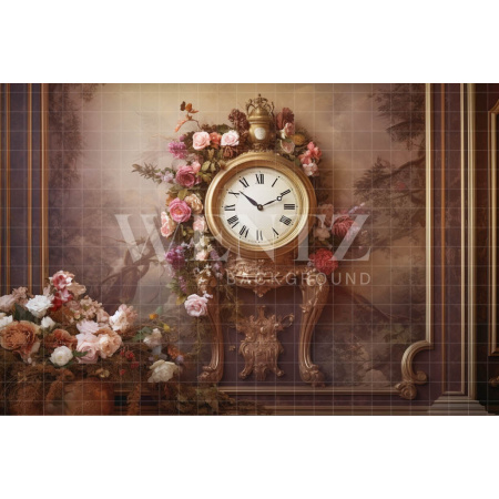 Fabric Photography Background Set with Clock and Flowers / Backdrop 3607