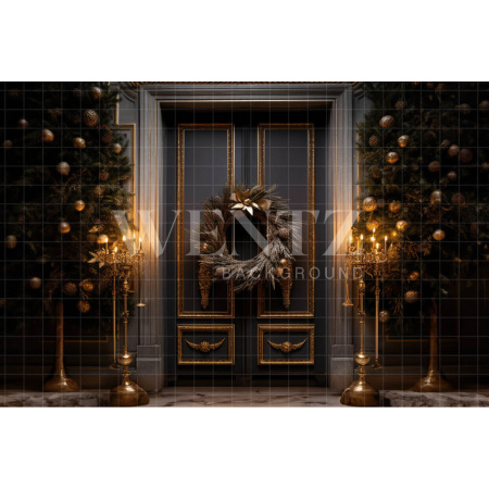 Fabric Photography Background Door with Christmas Wreath / Backdrop 3857