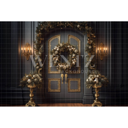 Fabric Photography Background Door with Christmas Wreath / Backdrop 3859